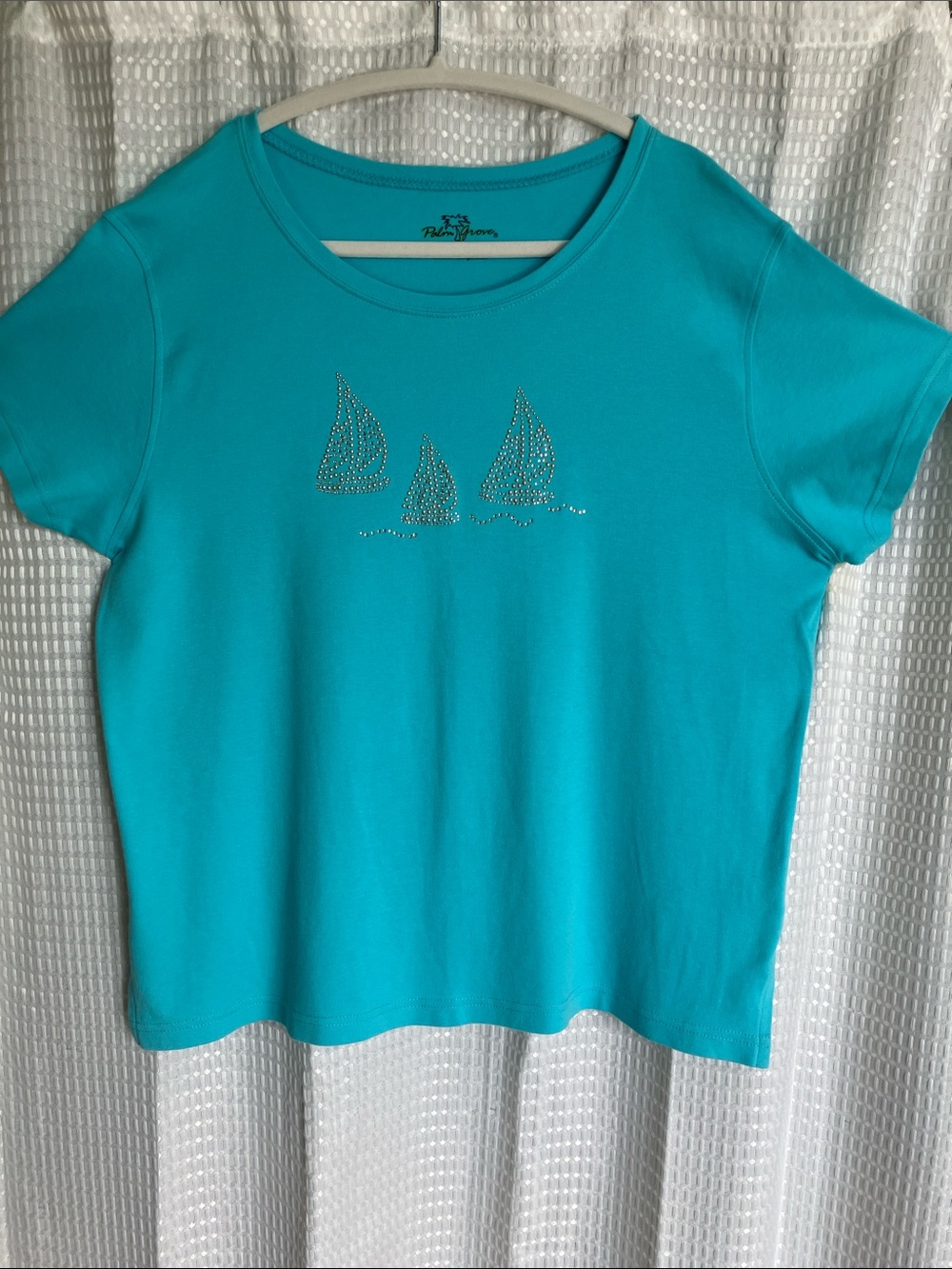 Sailboat Stud & Rhinestone Cotton Tee Beach Top Palm Grove XL Aqua Nautical
